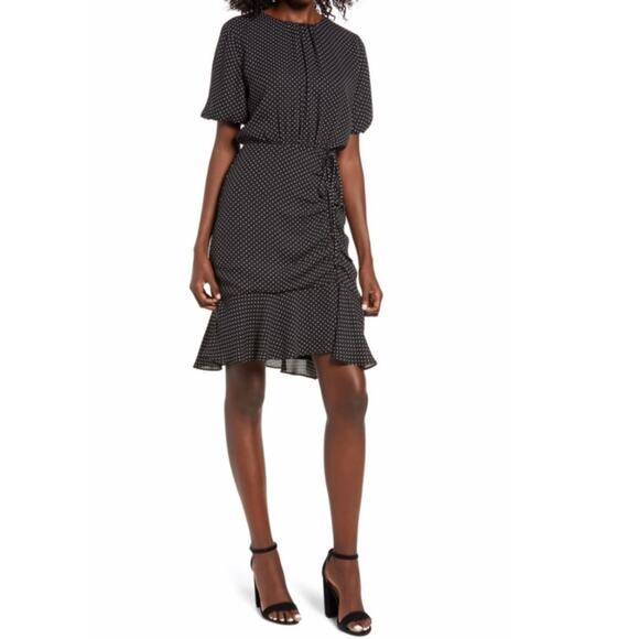 Sam Edelman Dresses & Skirts - Sam Edelman Polka Dot Puff Sleeve Ruched Dress